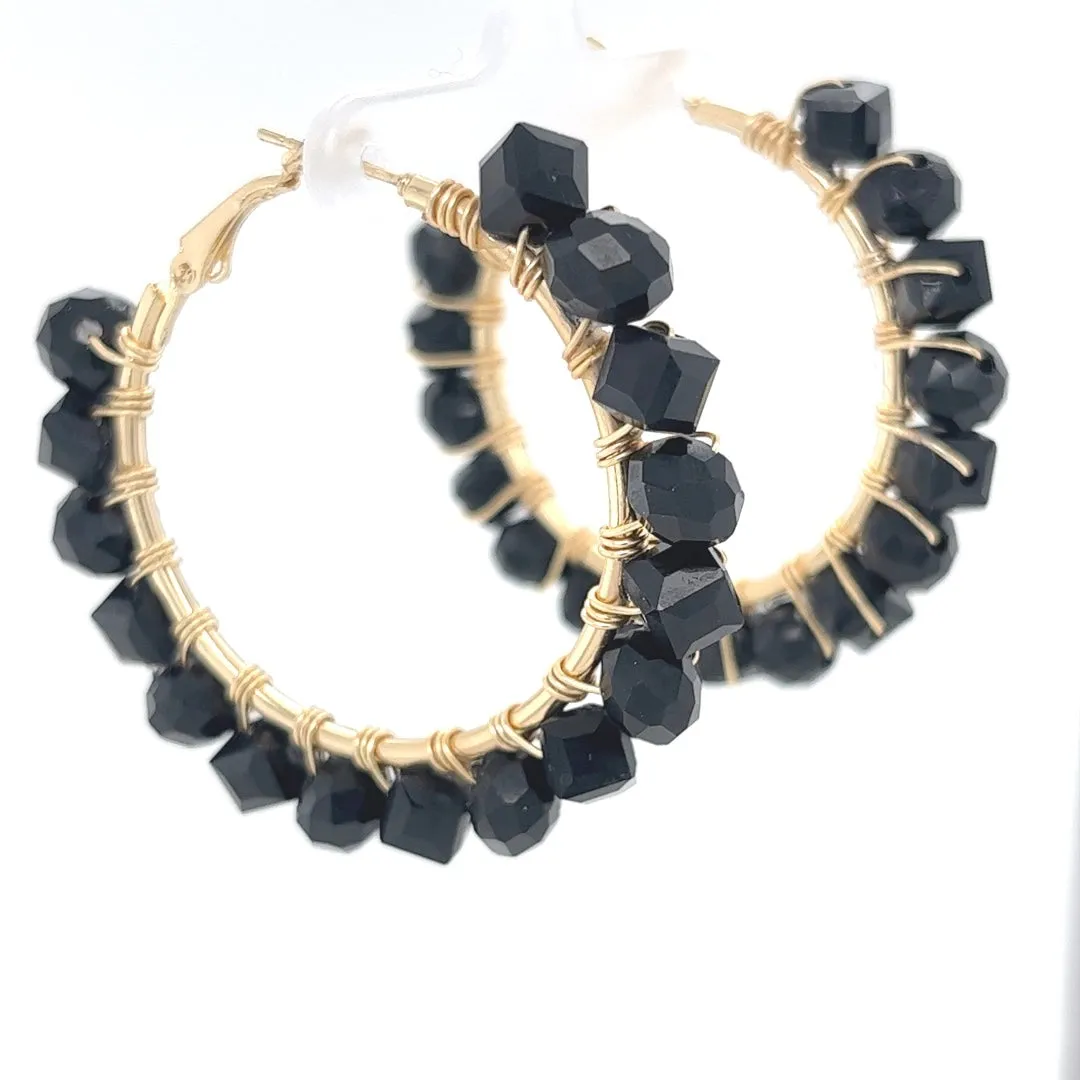 Black Beaded Gold Hoop Earrings Medium