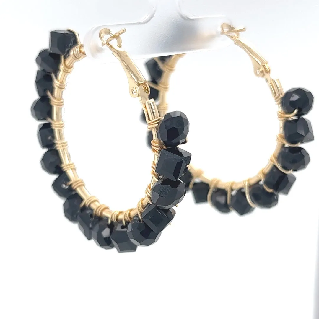 Black Beaded Gold Hoop Earrings Medium