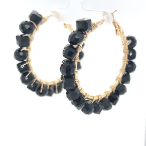 Black Beaded Gold Hoop Earrings Medium