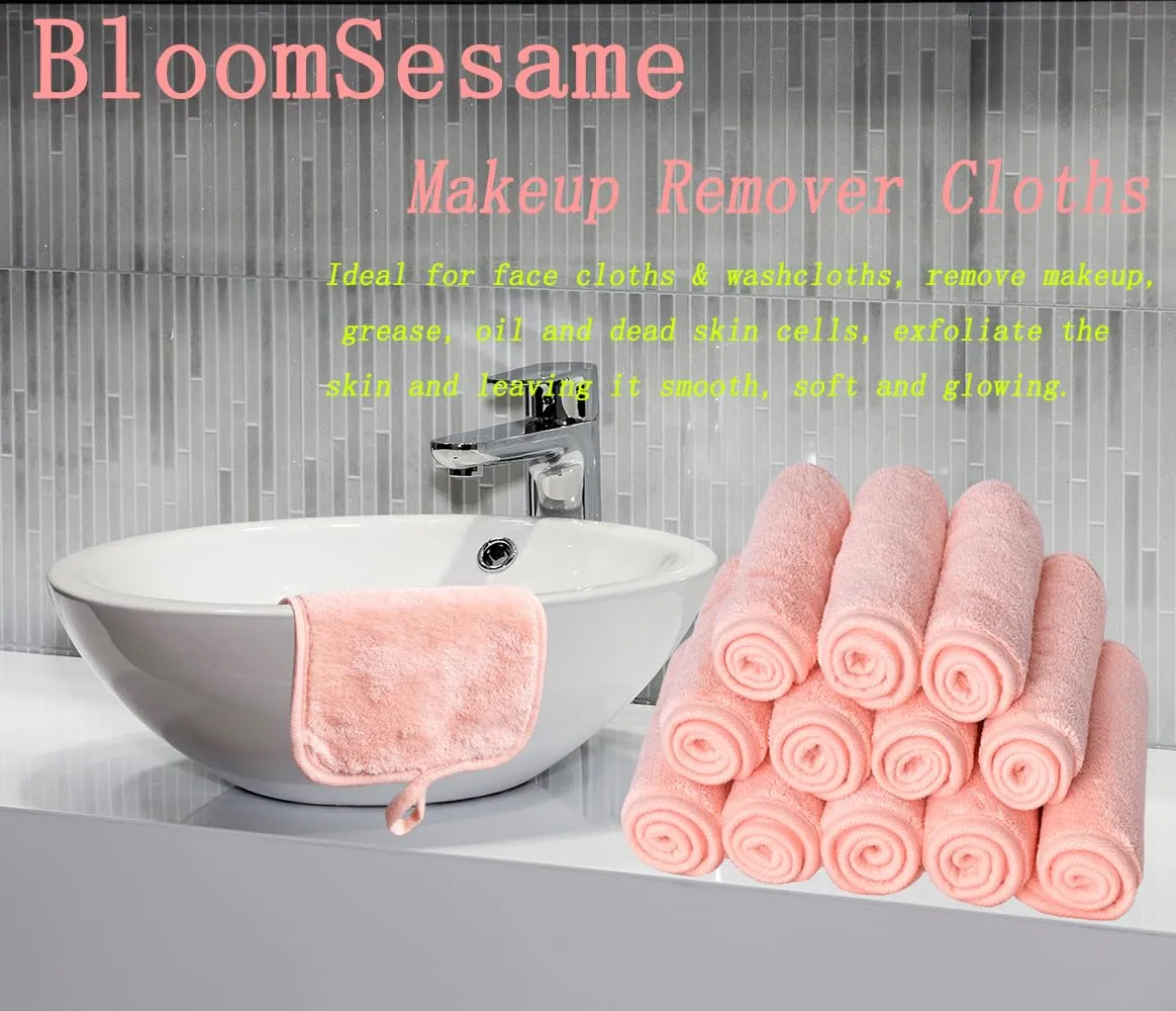 BloomSesame Makeup Remover Cloths for Face, Eye, Lips - Reusable Makeup Remover Pads Soft Microfiber Facial Cleansing Cloths 8 x 8 inch 12 Pack (Coral)