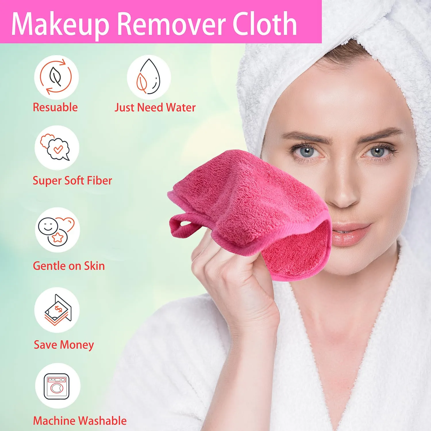 BloomSesame Makeup Remover Cloths for Face, Eye, Lips - Reusable Makeup Remover Pads Soft Microfiber Facial Cleansing Cloths 8 x 8 inch 6 Pack (Dark Pink)