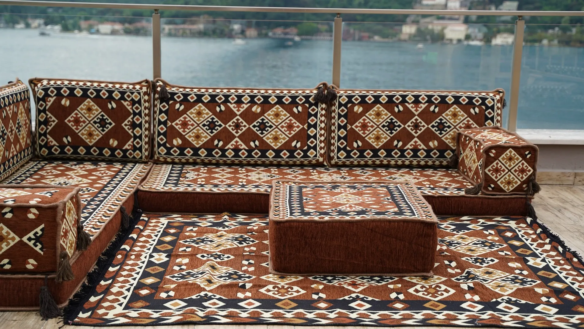 Brown Moroccan Home Decor Cushion, 4" Thickness Corner Floor Seating Set, L Shaped Floor Couch, Sectional Sofa Set