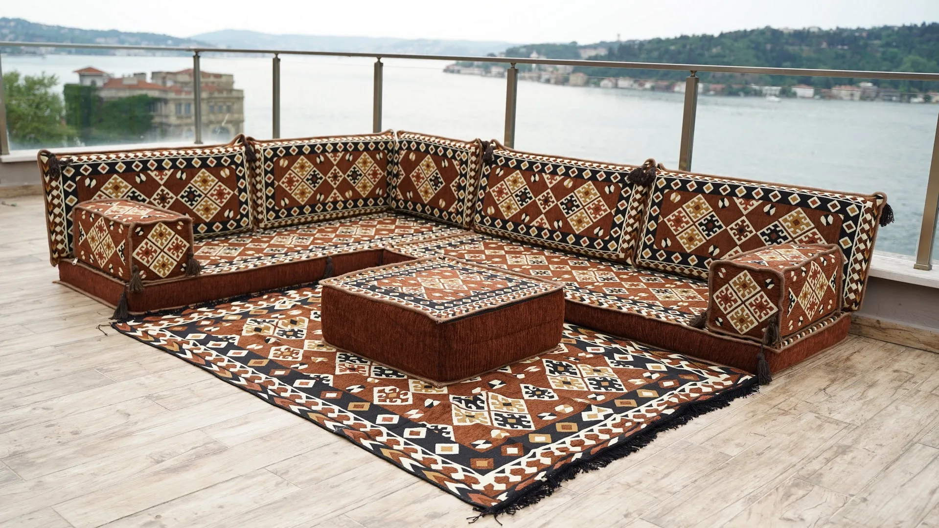 Brown Moroccan Home Decor Cushion, 4" Thickness Corner Floor Seating Set, L Shaped Floor Couch, Sectional Sofa Set