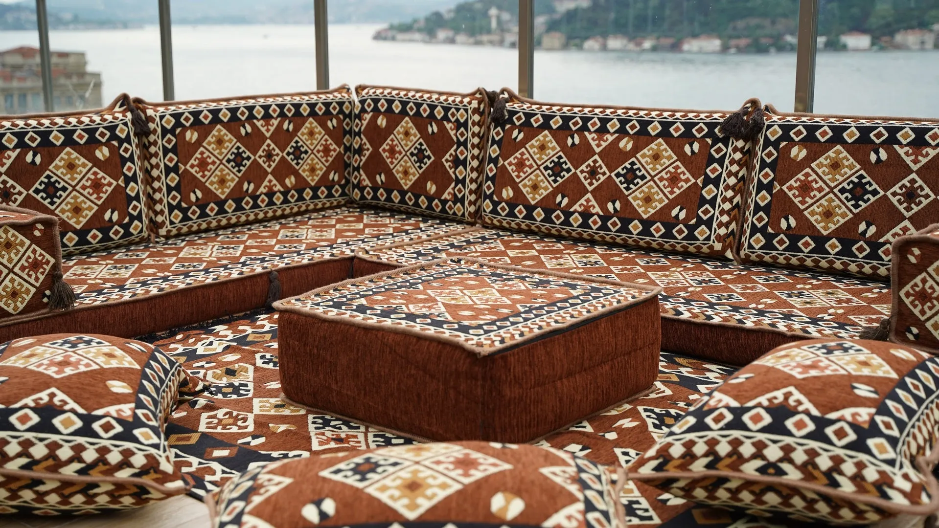 Brown Moroccan Home Decor Cushion, 4" Thickness Corner Floor Seating Set, L Shaped Floor Couch, Sectional Sofa Set