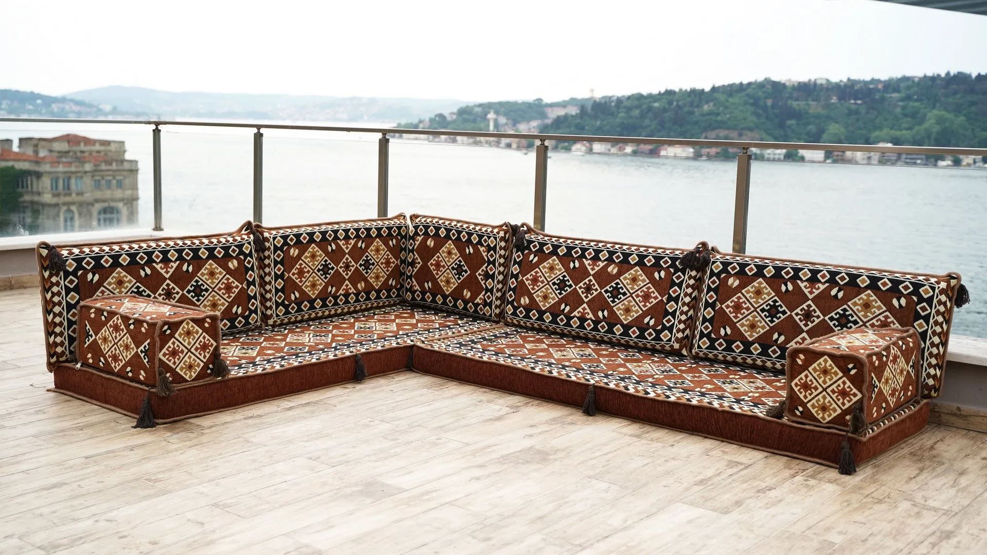Brown Moroccan Home Decor Cushion, 4" Thickness Corner Floor Seating Set, L Shaped Floor Couch, Sectional Sofa Set