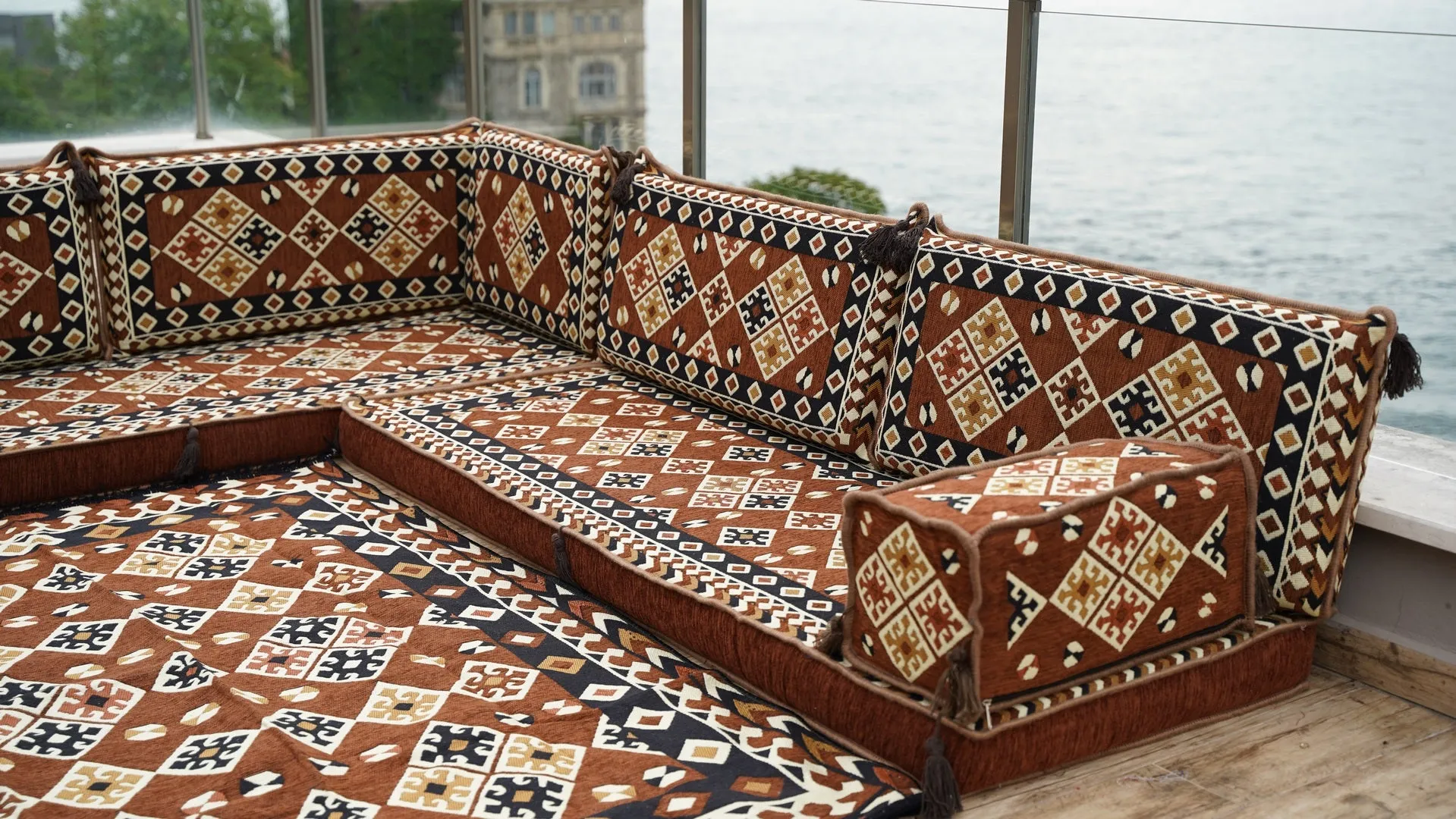 Brown Moroccan Home Decor Cushion, 4" Thickness Corner Floor Seating Set, L Shaped Floor Couch, Sectional Sofa Set