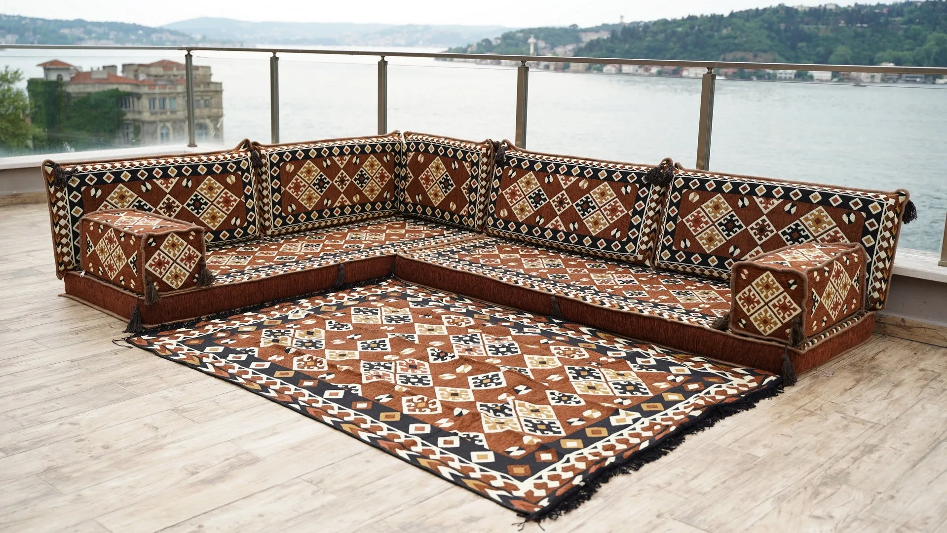 Brown Moroccan Home Decor Cushion, 4" Thickness Corner Floor Seating Set, L Shaped Floor Couch, Sectional Sofa Set