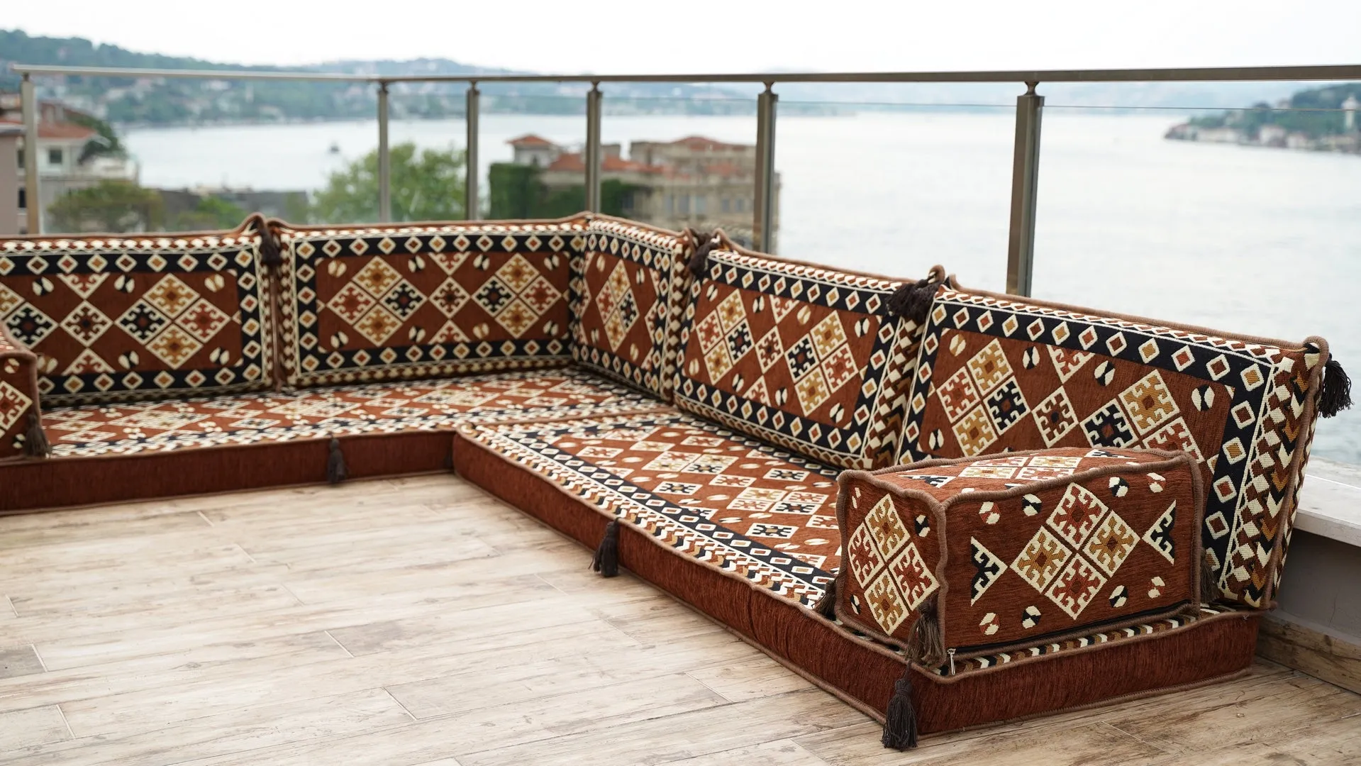 Brown Moroccan Home Decor Cushion, 4" Thickness Corner Floor Seating Set, L Shaped Floor Couch, Sectional Sofa Set