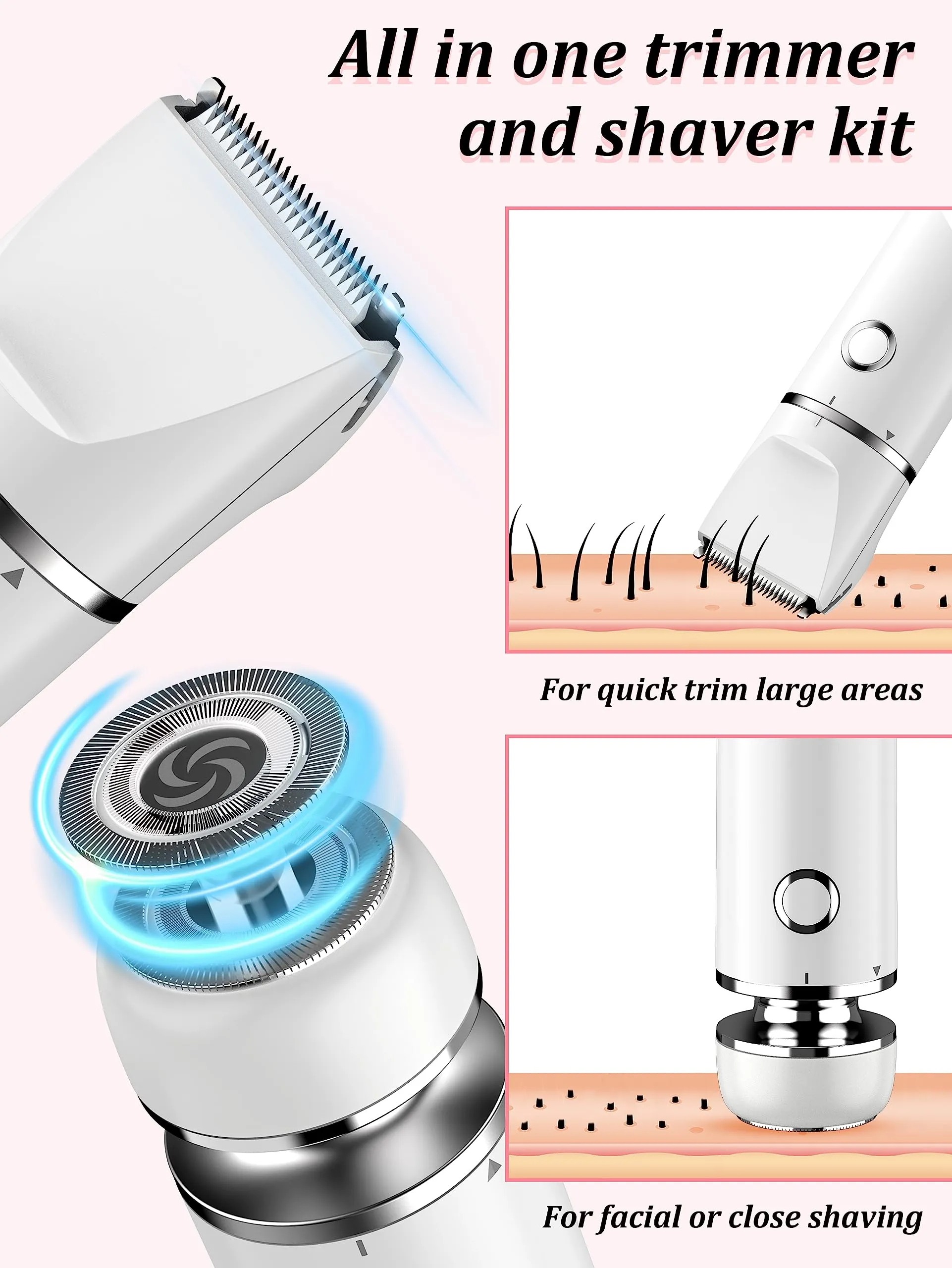 Cayzor Bikini Trimmer and Shaver Kit for Women - 2-in-1 Wet/Dry Electric Body Hair Trimmer Facial Hair Removal Cordless Waterproof Bikini Shaver Razor for Face Lip Chin Pubic Underarm Legs (White)