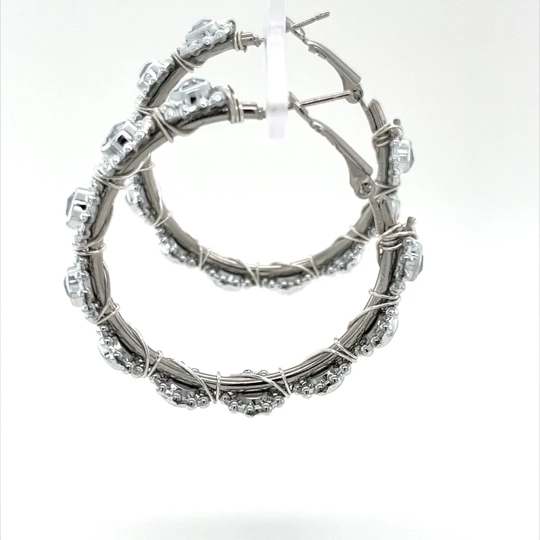 Clear Rhinestone Silver Hoop Earrings Medium