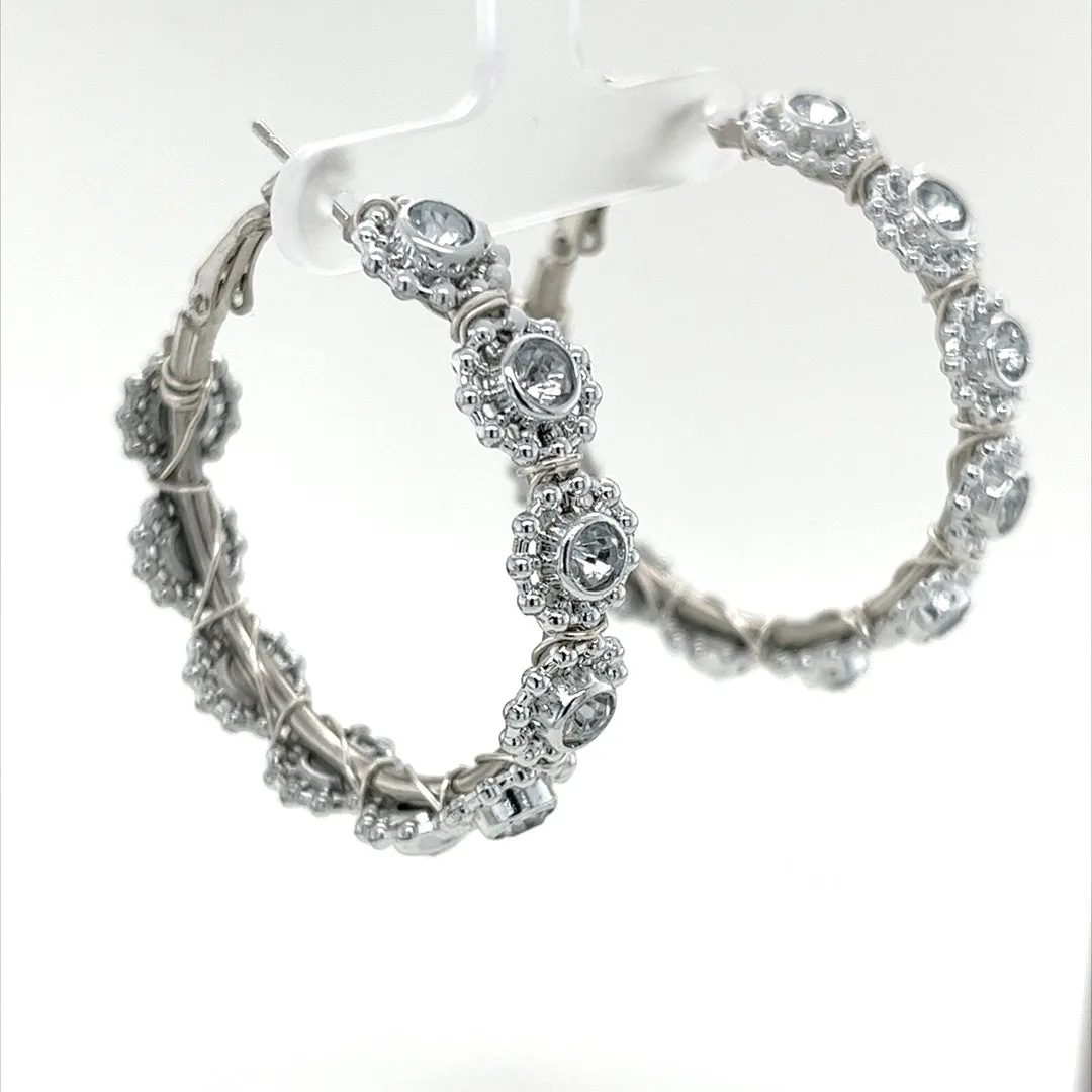 Clear Rhinestone Silver Hoop Earrings Medium