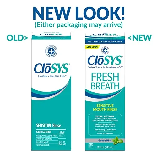 CloSYS Sensitive Mouthwash, 32 Ounce, Gentle Mint, Alcohol Free, Dye Free, pH Balanced, Helps Soothe Mouth Sensitivity, Fights Bad Breath