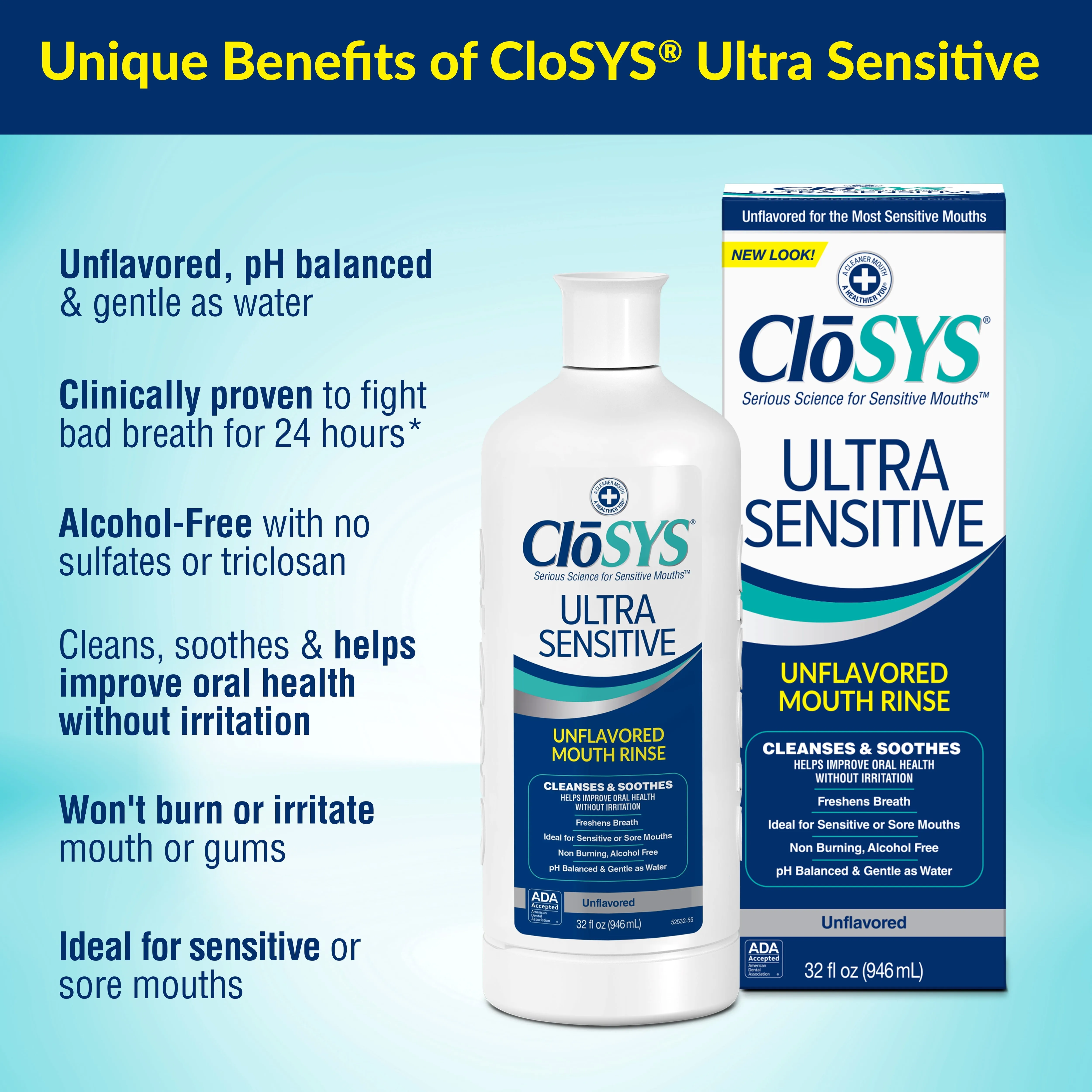 CloSYS Ultra Sensitive Mouthwash Unflavored w/ Optional Flavor Control, 32oz