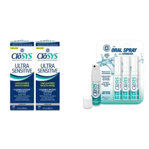 CloSYS Ultra Sensitive Unflavored Mouthwash (32 oz, Pack of 2)   CloSYS Mint Oral Breath Spray (0.31 oz, Pack of 3)