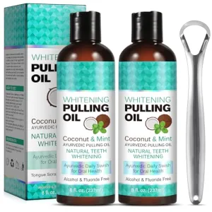 Coconut Oil Pulling for Fresh Breath and Oral Hygiene - Ayurvedic Expert Formulated | Supports Healthy Gums | Natural - Includes Tongue Scraper and Measuring Cup - 16 fl. oz