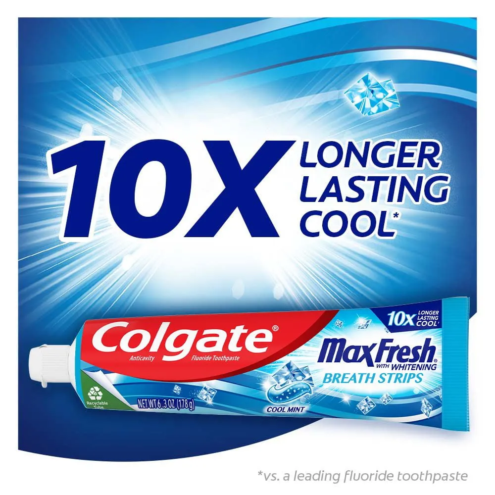 Colgate Max Fresh with Whitening Toothpaste with Mini Breath Strips, Cool Mint, 6.3 oz Tube, 3 Pack