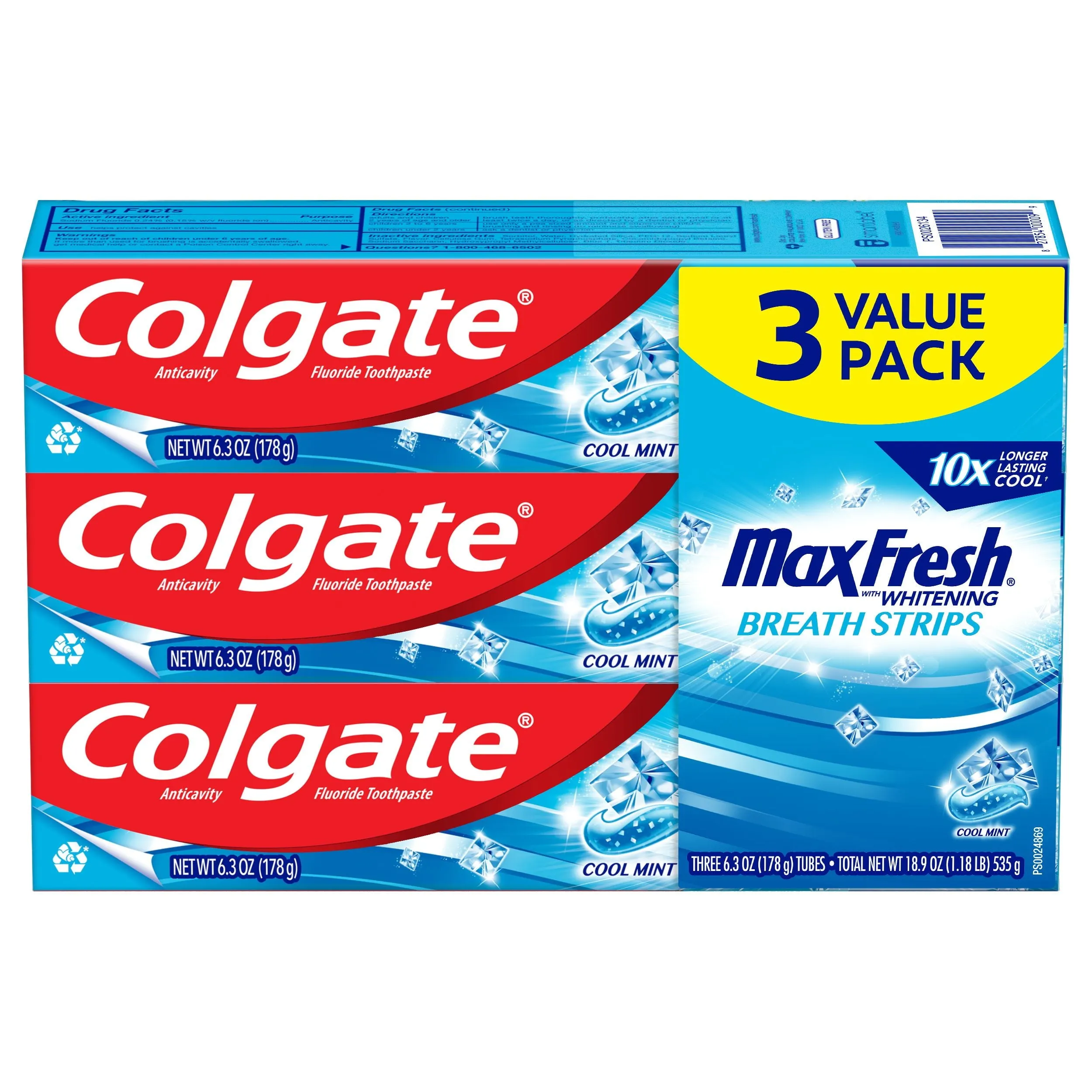 Colgate Max Fresh with Whitening Toothpaste with Mini Breath Strips, Cool Mint, 6.3 oz Tube, 3 Pack