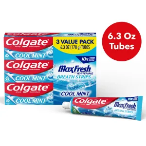 Colgate Max Fresh with Whitening Toothpaste with Mini Breath Strips, Cool Mint, 6.3 oz Tube, 3 Pack