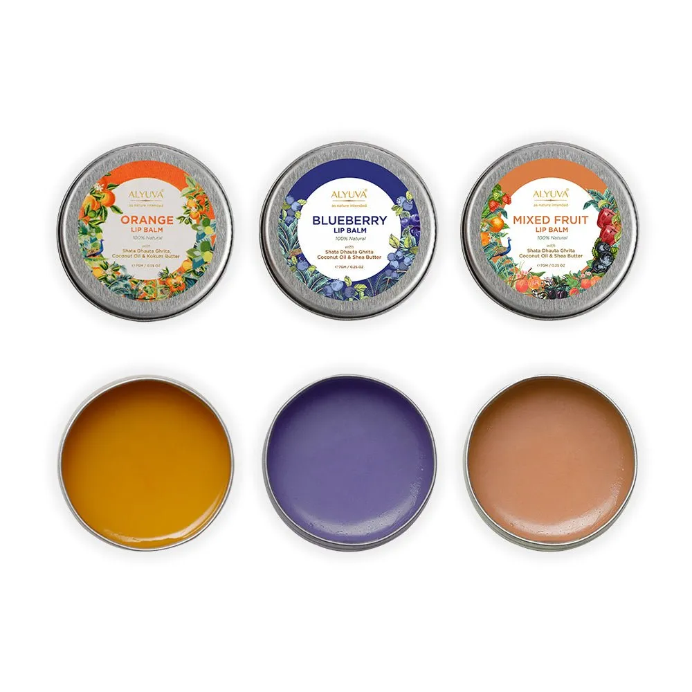 Combo of Ghee Enriched 100% Natural Strawberry, Orange & Blueberry Lip Balms, 7gms Each