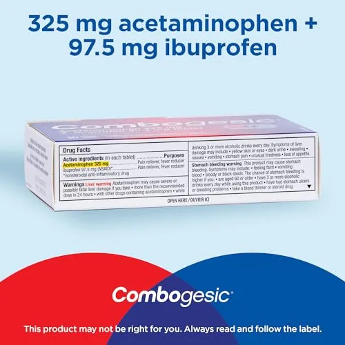 Combogesic - Double Action Acetaminophen   Ibuprofen Tablets for Acute Pain and Fever Relief - Headache and Acute Migraine Relief, Menstrual Pain Relief, Muscle Aches, Dental Pain Relief - 30 Tablets