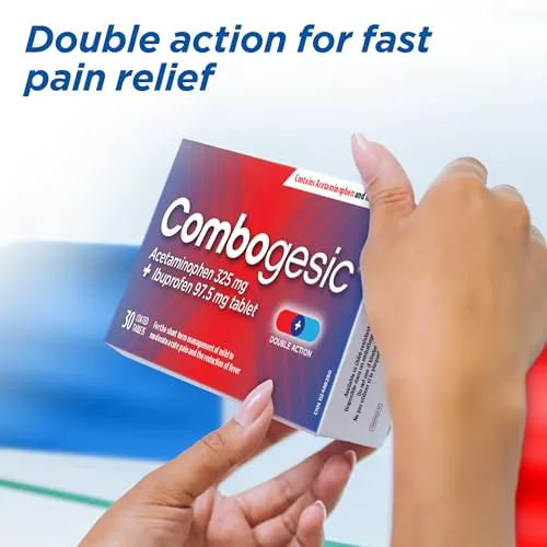 Combogesic - Double Action Acetaminophen   Ibuprofen Tablets for Acute Pain and Fever Relief - Headache and Acute Migraine Relief, Menstrual Pain Relief, Muscle Aches, Dental Pain Relief - 30 Tablets
