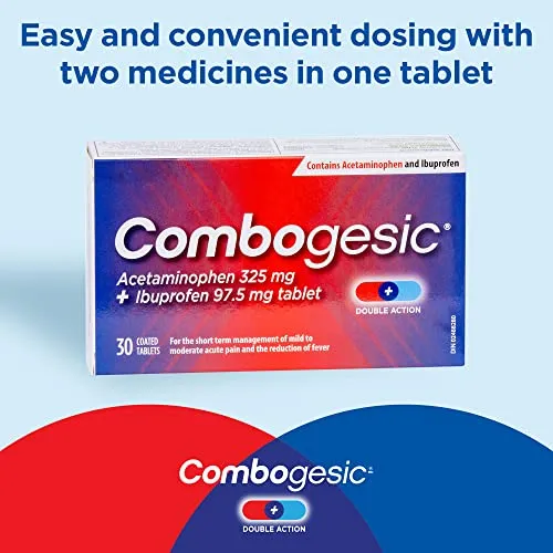 Combogesic - Double Action Acetaminophen   Ibuprofen Tablets for Acute Pain and Fever Relief - Headache and Acute Migraine Relief, Menstrual Pain Relief, Muscle Aches, Dental Pain Relief - 30 Tablets