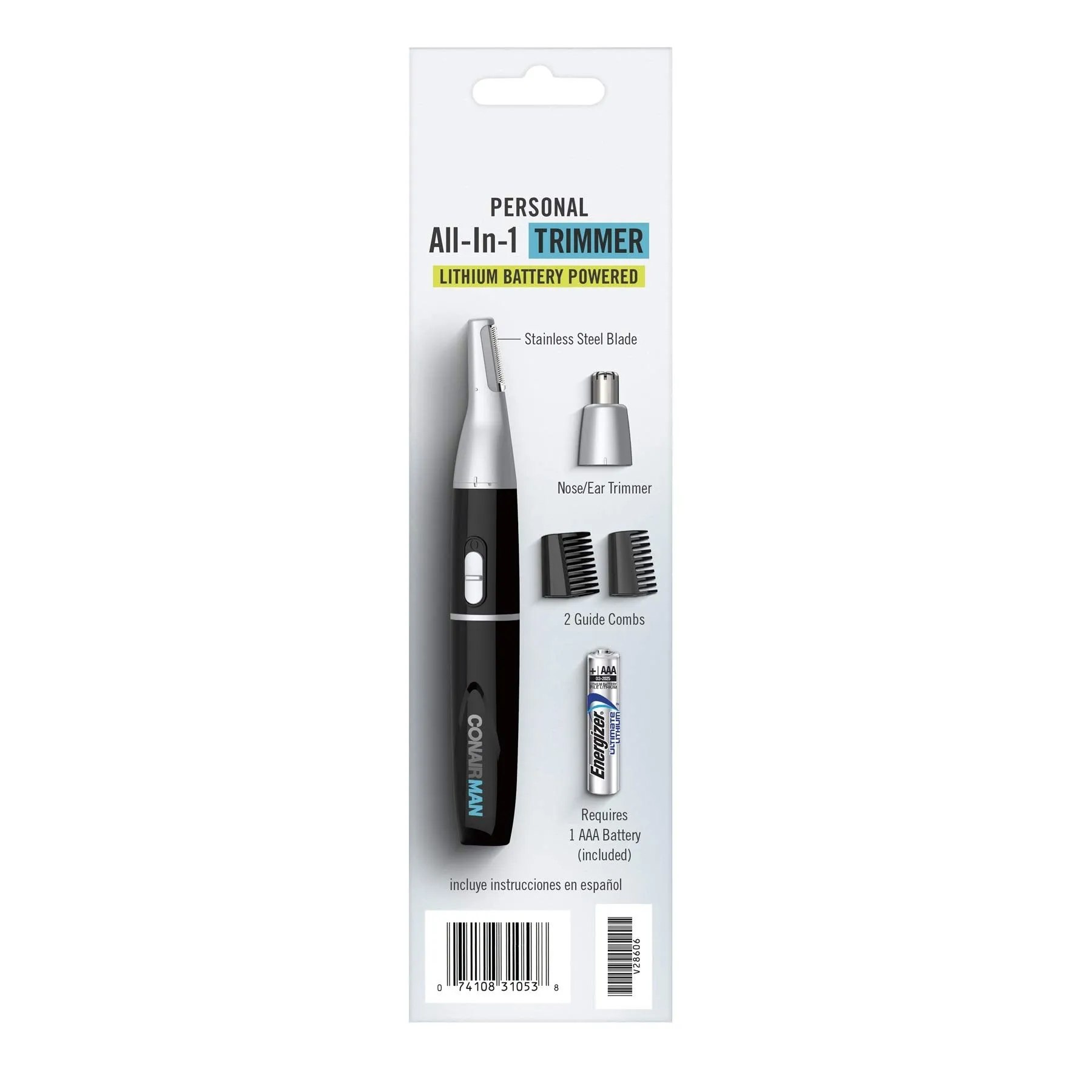 ConairMAN All-in-One Personal Trimmer for Men, for Nose, Ear, Eyebrows and Sideburns Hair Trimmer, 4 piece Men's Grooming Kit, Lithium Battery-Powered
