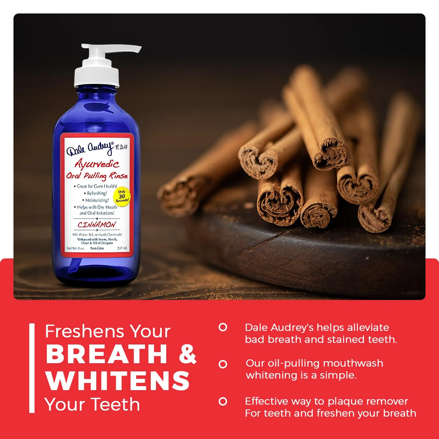 Dale Audrey Natural Oil Pulling for Teeth and Gums | Cinnamon Flavoured Oral Rinse Mouthwash for Bad Breath | Organic Essential Oils to Whitening Teeth & Freshen Breath | (16oz)