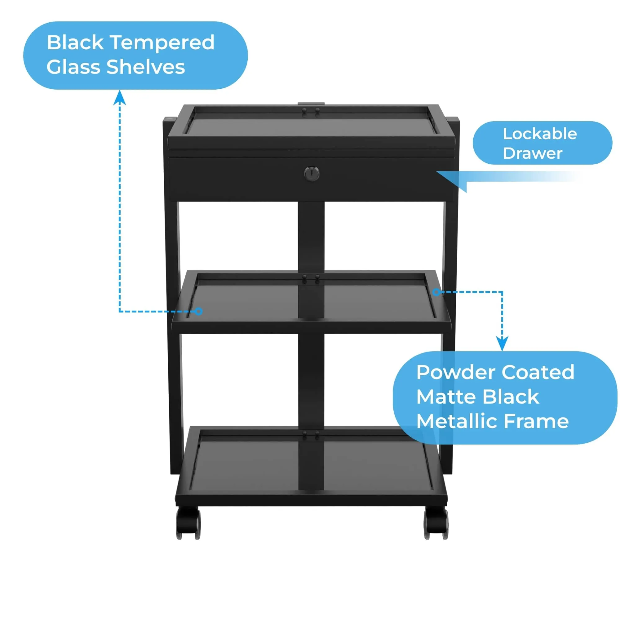 DELUXE Beauty Trolley with 3 Tier Glass Shelves and Locking Drawer (1040A)