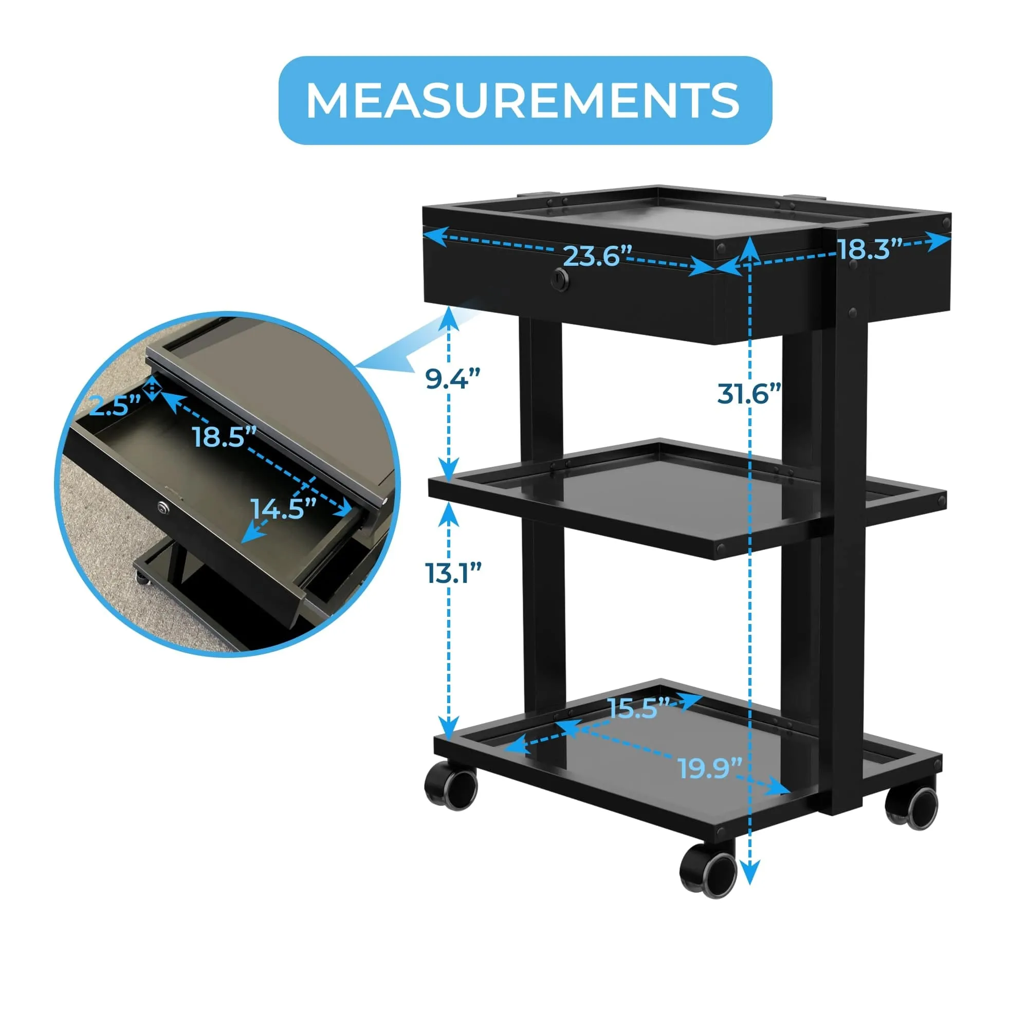 DELUXE Beauty Trolley with 3 Tier Glass Shelves and Locking Drawer (1040A)