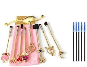 Dilla Beauty 8Pcs/lot Sailor Moon Soldier Makeup Brushes Set Gold Metal Powder Contour Blush Concealer Foundation Makeup Magic Brushes 5 Pcs Blue Eyelash Eyeliner Brushes Beauty Tools Pink Fashion Bag
