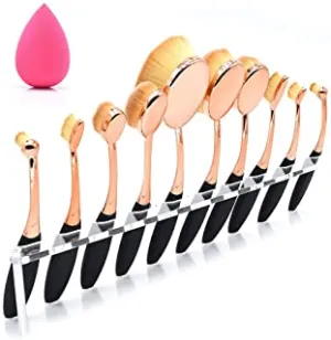 Dolovemk Oval Makeup Brush Set 10 Pieces Blending Brush for Eyeshadow/Foundation/Blush,Professional Makeup Brushes for Concealer/BB Cream,Beauty Sponge Blender(Gold-Black)