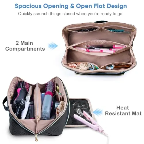 ELCUPA Large Hair Tools Travel Bag with Iron Mat - 2in1 Hair Tools Organizer for Hair Dryer Brush, Flat Irons, Straighteners, Curling Irons, Hair Bag, Makeup Bag, Cosmetic Bag for Travel Essentials