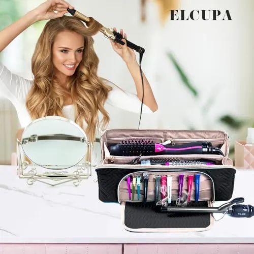ELCUPA Large Hair Tools Travel Bag with Iron Mat - 2in1 Hair Tools Organizer for Hair Dryer Brush, Flat Irons, Straighteners, Curling Irons, Hair Bag, Makeup Bag, Cosmetic Bag for Travel Essentials