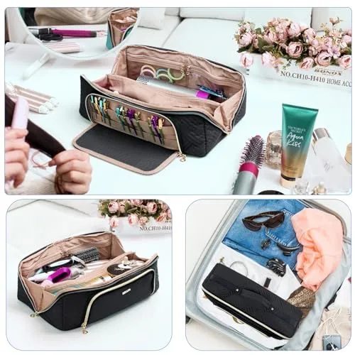 ELCUPA Large Hair Tools Travel Bag with Iron Mat - 2in1 Hair Tools Organizer for Hair Dryer Brush, Flat Irons, Straighteners, Curling Irons, Hair Bag, Makeup Bag, Cosmetic Bag for Travel Essentials
