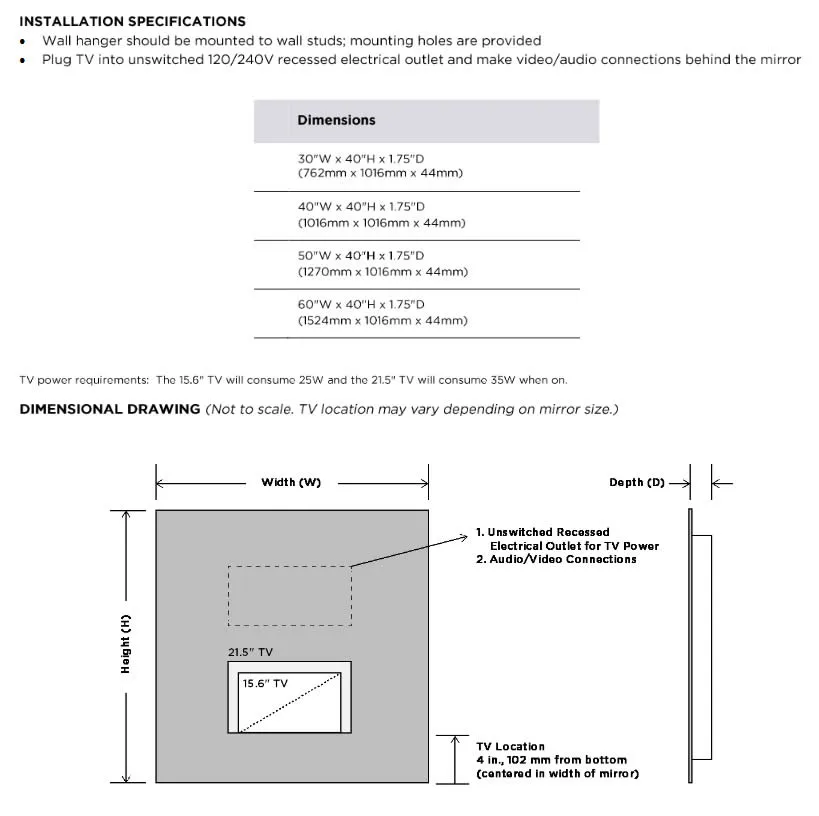 Electric Mirror Loft TV Mirror with 21.5" LED HDTV - It Becomes Invisible When Off - 4 sizes