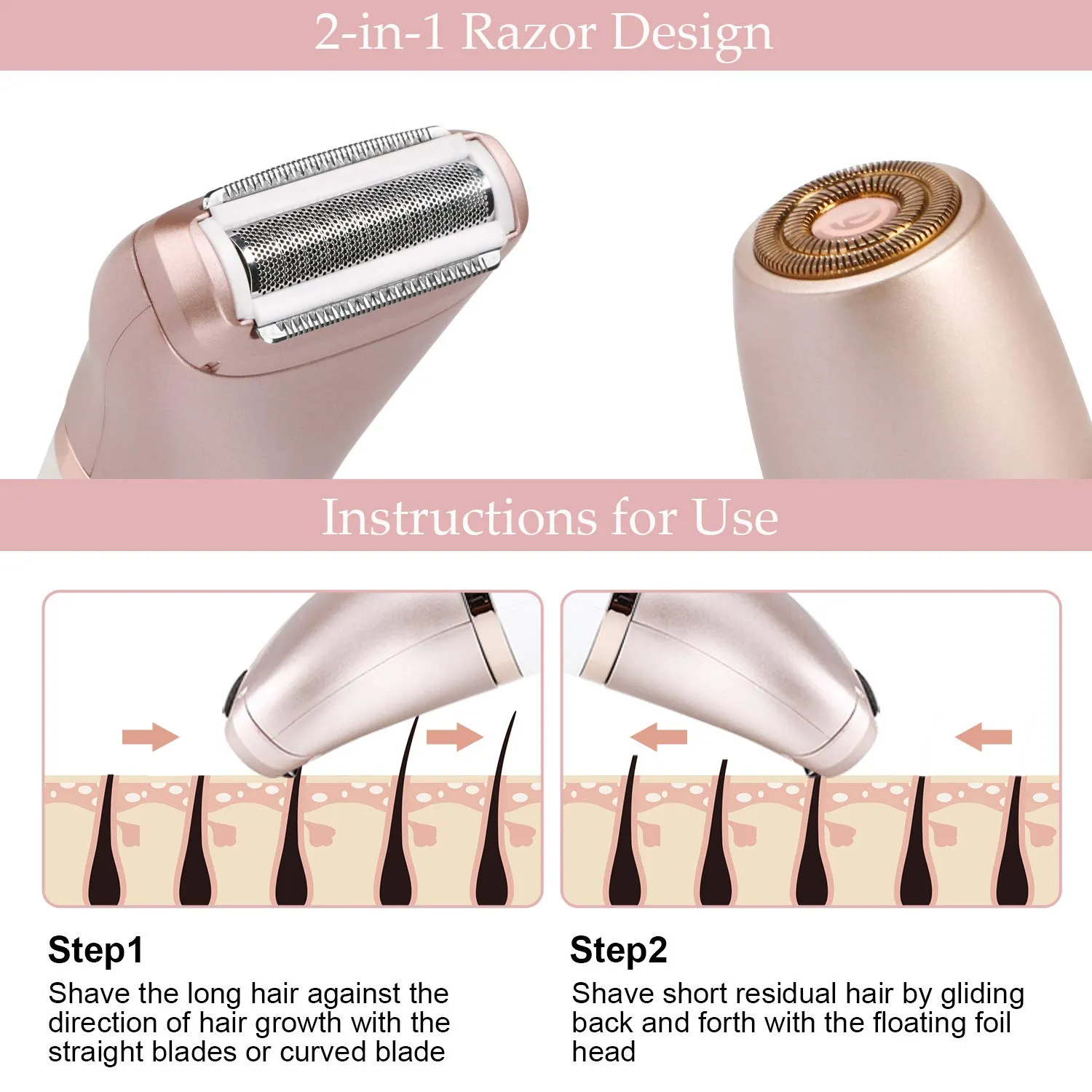Electric Razor for Women - Painless 2-in-1 Shaver for Women Hair Remover for Face, Legs and Underarm Wet & Dry, Portable Bikini Trimmer, Lady Hair Removal with 2 Trimmer Heads- Micro USB Recharge