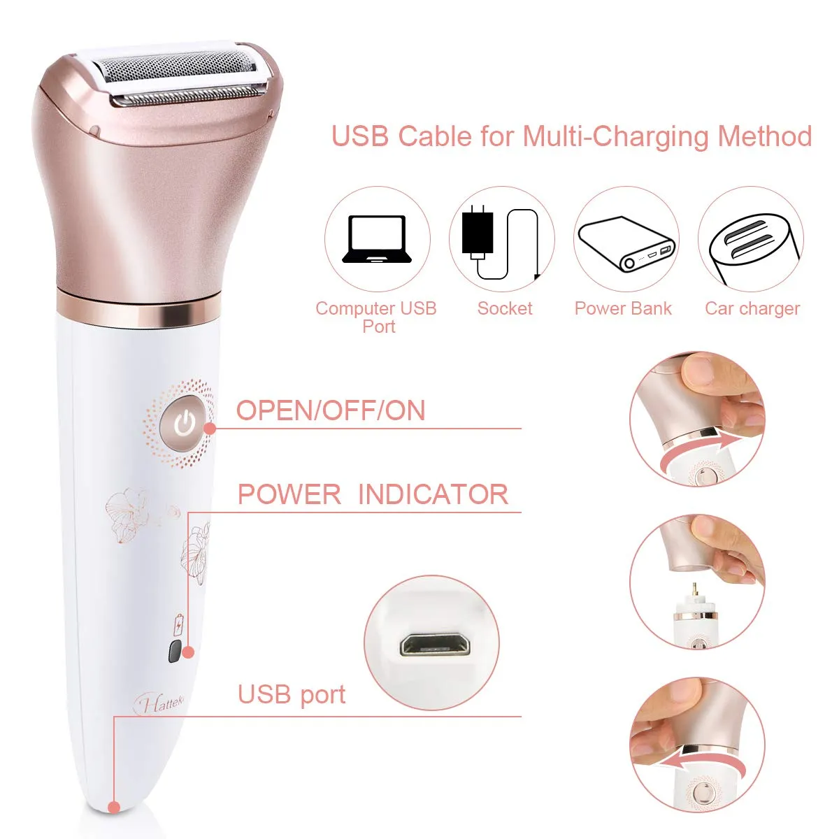 Electric Razor for Women - Painless 2-in-1 Shaver for Women Hair Remover for Face, Legs and Underarm Wet & Dry, Portable Bikini Trimmer, Lady Hair Removal with 2 Trimmer Heads- Micro USB Recharge