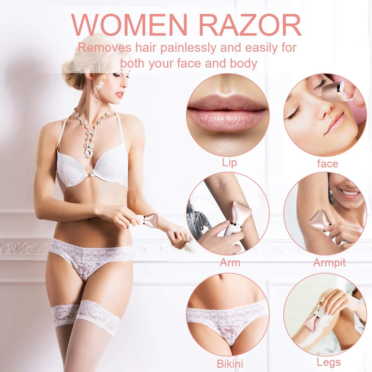 Electric Razor for Women - Painless 2-in-1 Shaver for Women Hair Remover for Face, Legs and Underarm Wet & Dry, Portable Bikini Trimmer, Lady Hair Removal with 2 Trimmer Heads- Micro USB Recharge