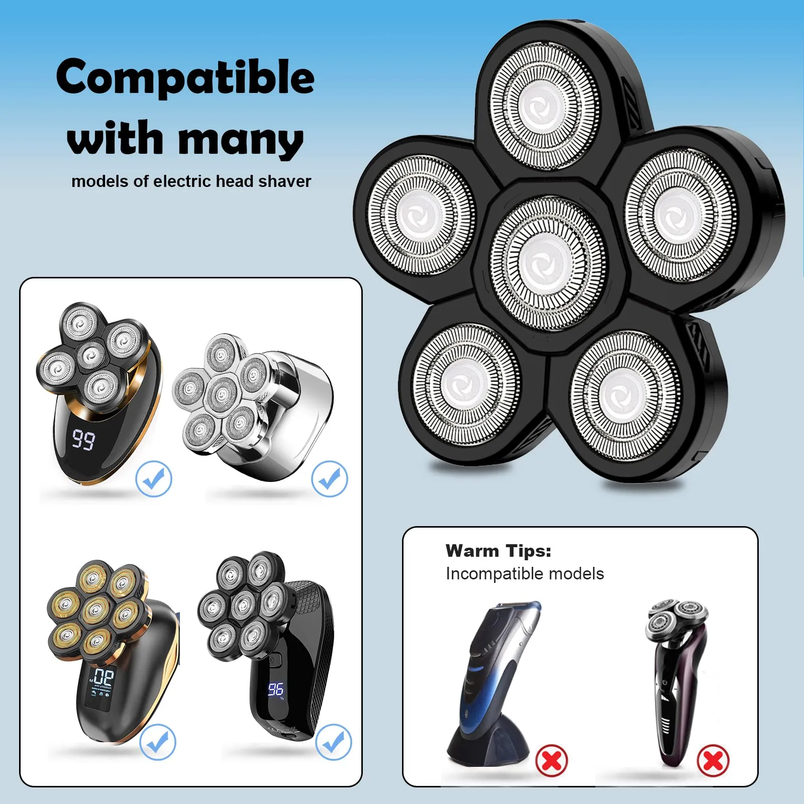Electric Shaver Replacement Heads 6D - 6 Blades Head Shaver Replacement Heads Universal Stainless Steel Rotary Blade Refills for Bald Head Razor for Men (6 Heads Black)