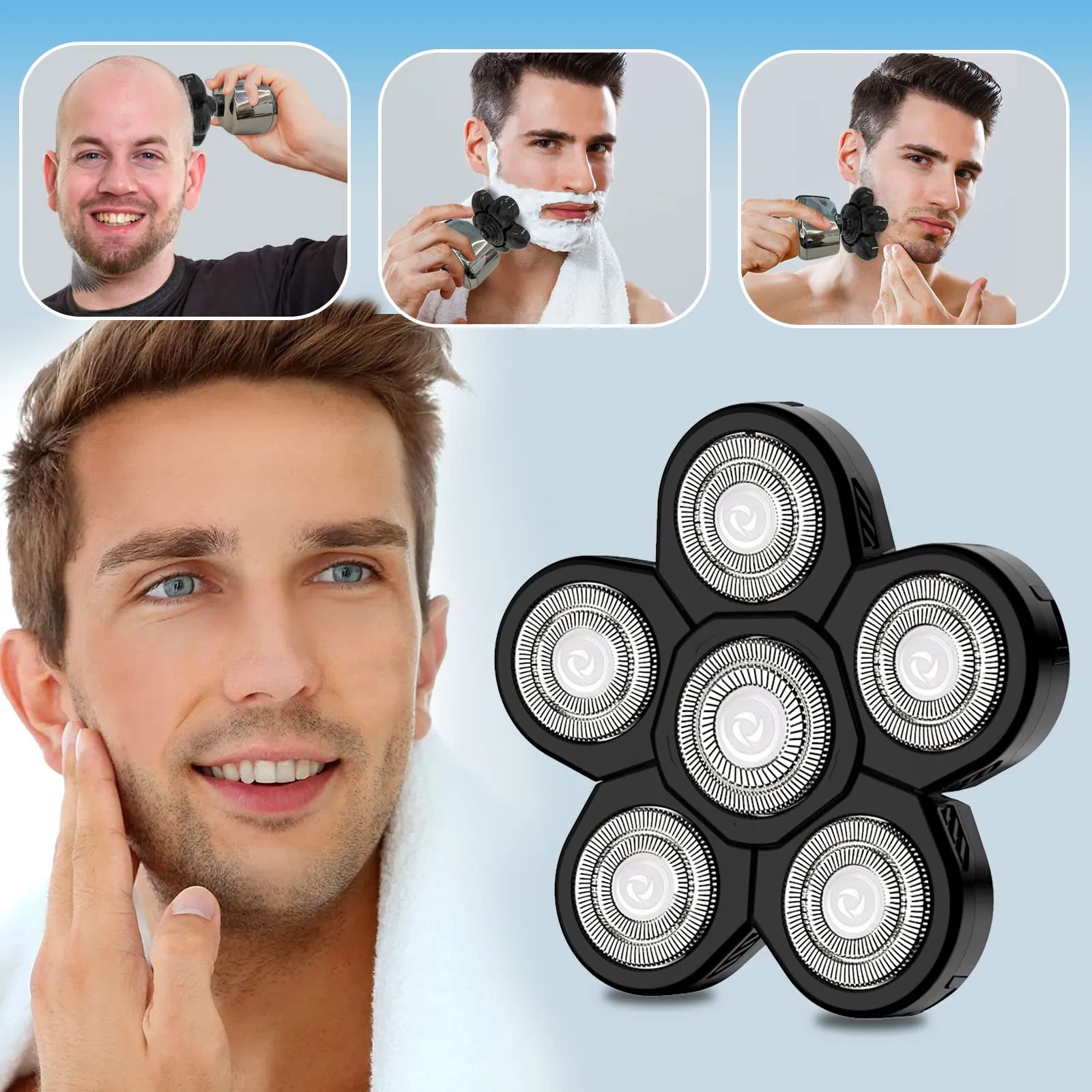 Electric Shaver Replacement Heads 6D - 6 Blades Head Shaver Replacement Heads Universal Stainless Steel Rotary Blade Refills for Bald Head Razor for Men (6 Heads Black)