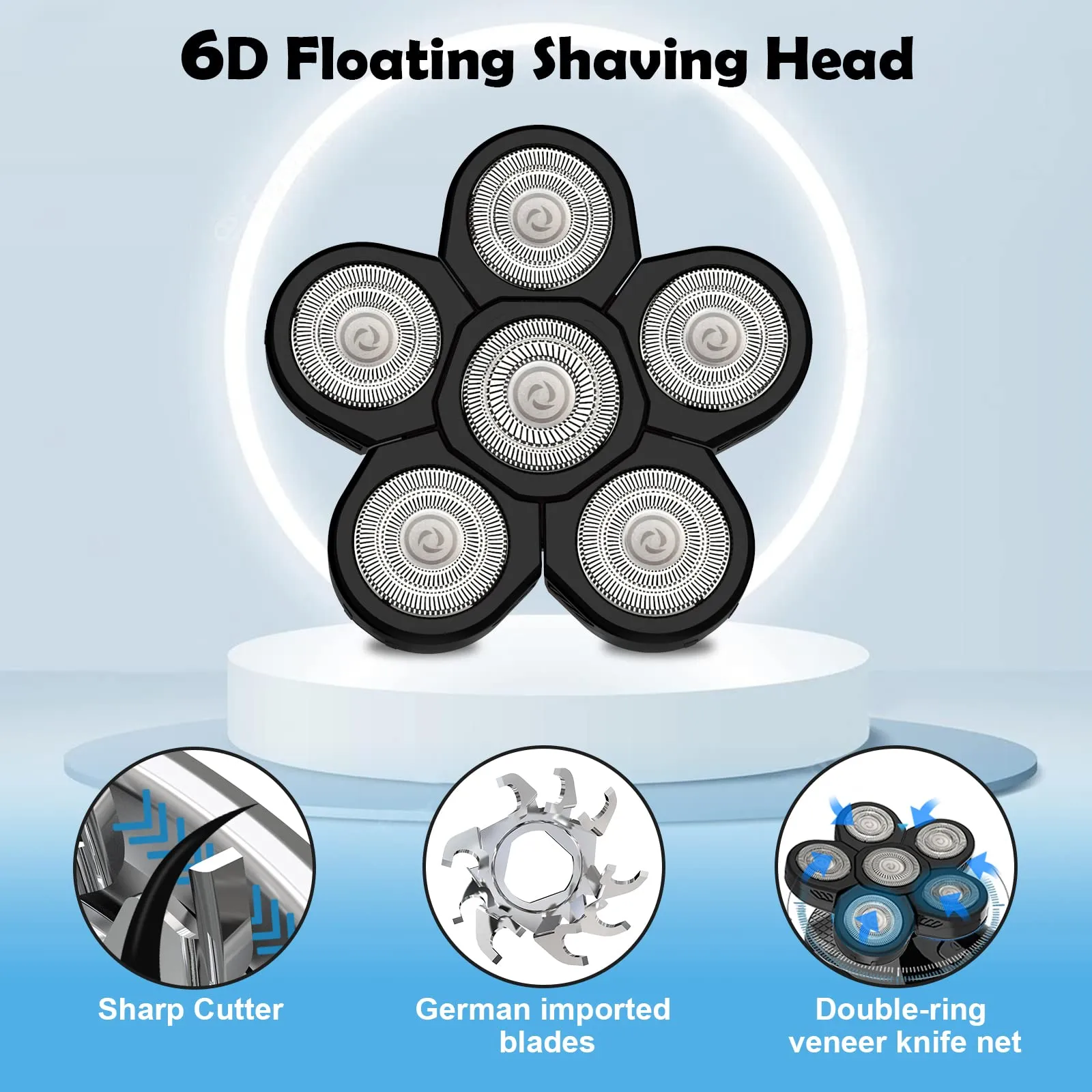 Electric Shaver Replacement Heads 6D - 6 Blades Head Shaver Replacement Heads Universal Stainless Steel Rotary Blade Refills for Bald Head Razor for Men (6 Heads Black)