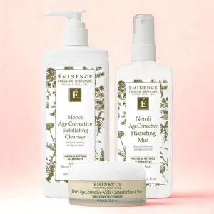 Eminence Organics Deep Hydration & Glow (Monoi Age Corrective Exfoliating Cleanser   Monoi Age Corrective Night Cream for Face & Neck   Neroli Age Corrective Hydrating Mist)
