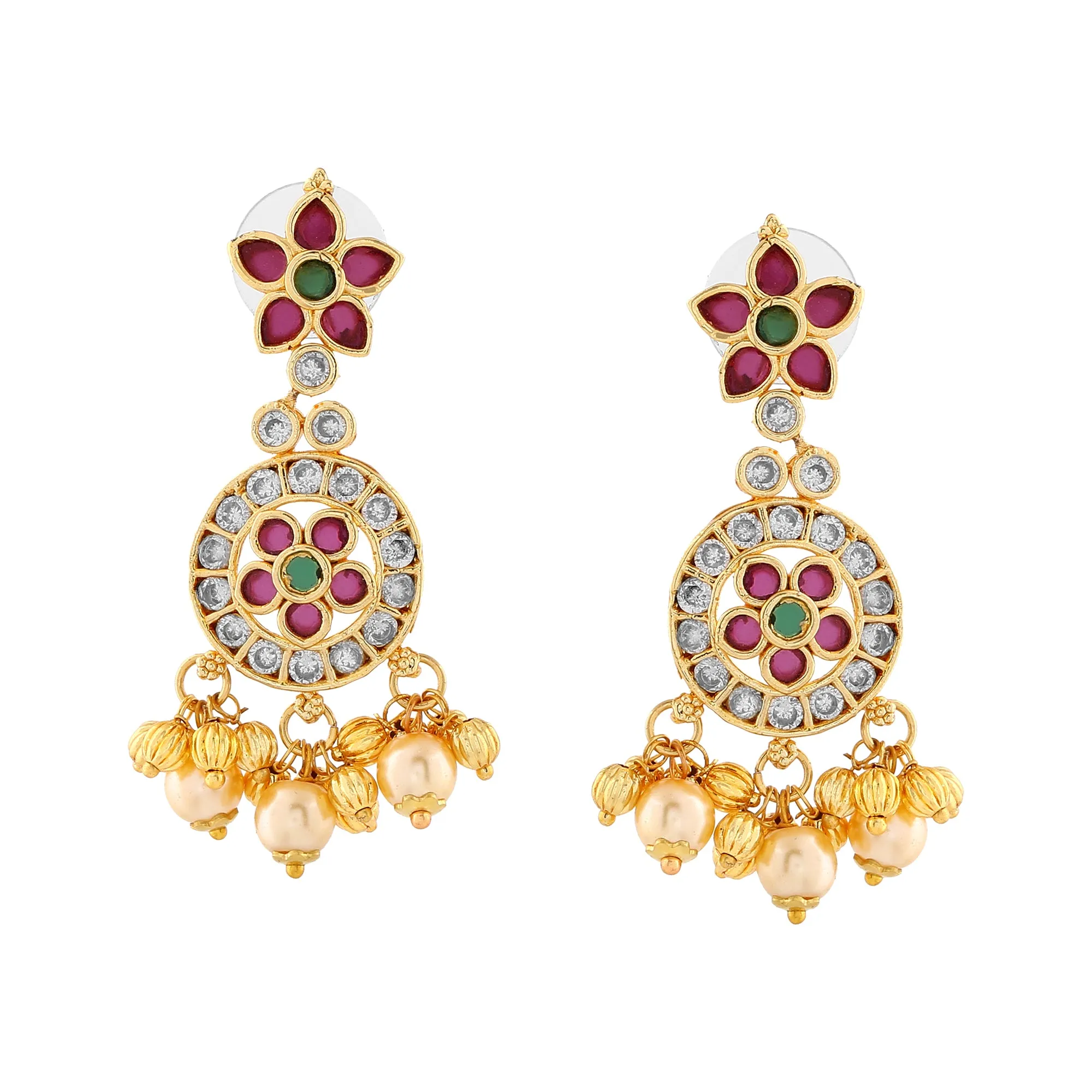 Estele Gold Plated CZ Flower Designer Bridal Earrings with Pearls for Women