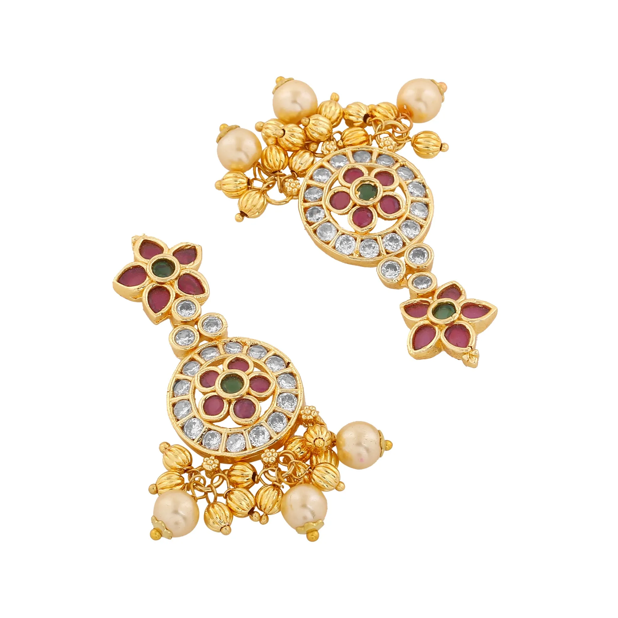 Estele Gold Plated CZ Flower Designer Bridal Earrings with Pearls for Women