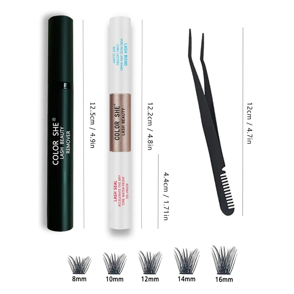 Eyelash Extension kit, COLOR SHE Bond and Seal with 72 Pcs 8-16mm Mix Individual Lashes Clusters and Remover and Tweezers Set, DIY Comfortable Eyelash Extensions Glue Sealant and Aftercare Tool (B04D)
