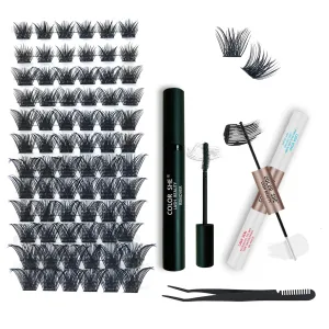 Eyelash Extension kit, COLOR SHE Bond and Seal with 72 Pcs 8-16mm Mix Individual Lashes Clusters and Remover and Tweezers Set, DIY Comfortable Eyelash Extensions Glue Sealant and Aftercare Tool (B04D)