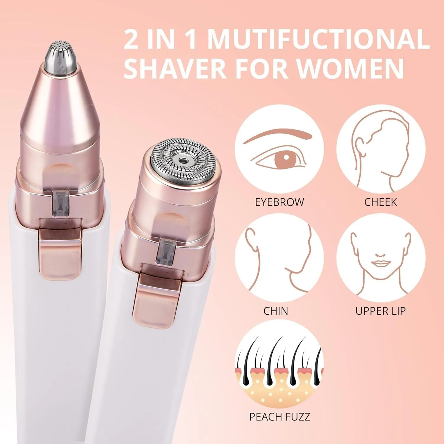 Facial - Eyebrow Hair Remover for Women: Rechargeable 2 in 1 Eyebrow Trimmer and Face Shavers for Women - Painless Electric Hair Removal Device for Face Eyebrows Peach Fuzz Lips with Light
