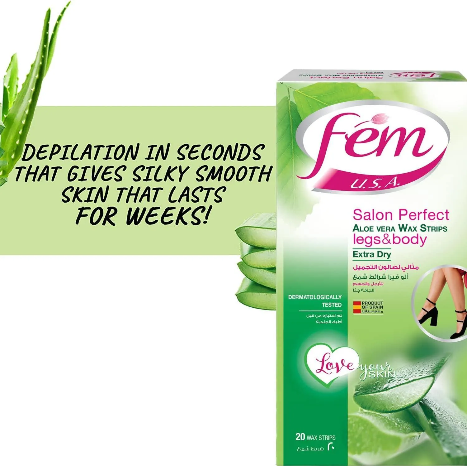 Fem Wax Strips for Legs and Body - Aloe Vera, 20 Strips