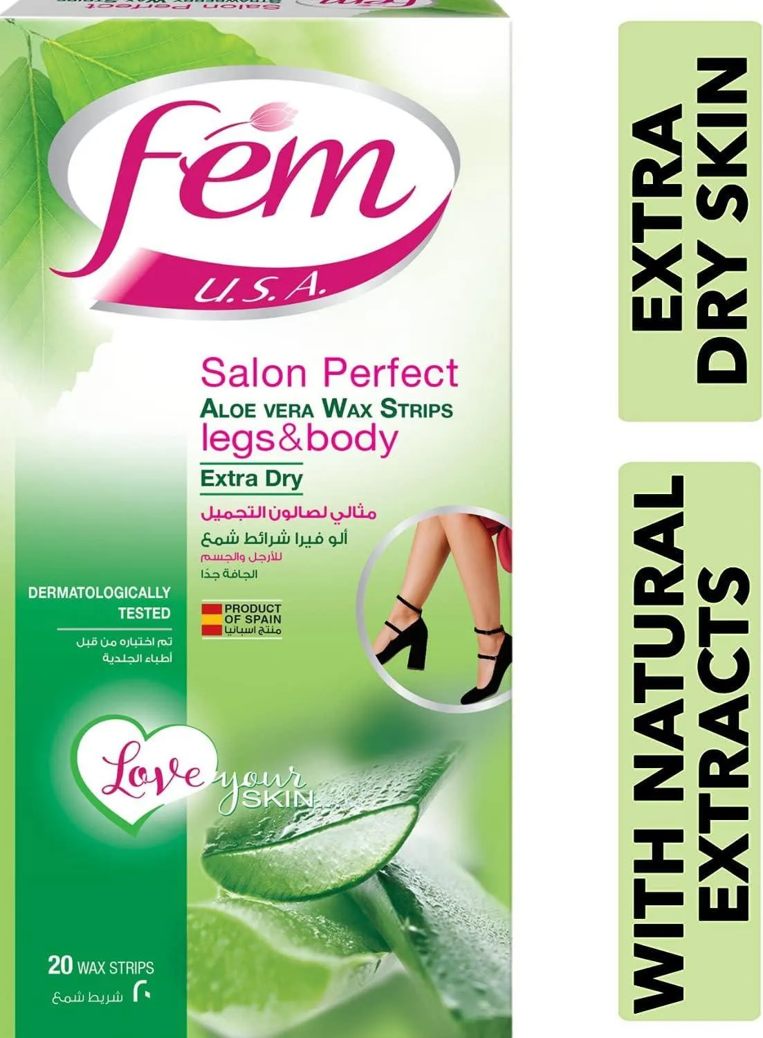 Fem Wax Strips for Legs and Body - Aloe Vera, 20 Strips